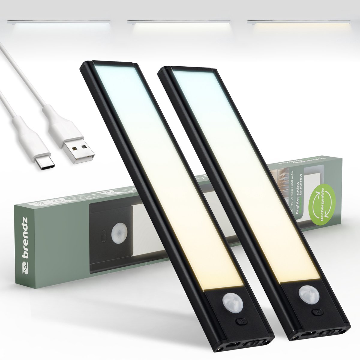 Brendz LED Kastverlichting met bewegingssensor, 2 x 20 cm, USB-C Oplaadbaar, Dimbaar, Magnetisch, 3 Kleurtemperaturen, Draadloos, Kastverlichting op Batterij, Zwart