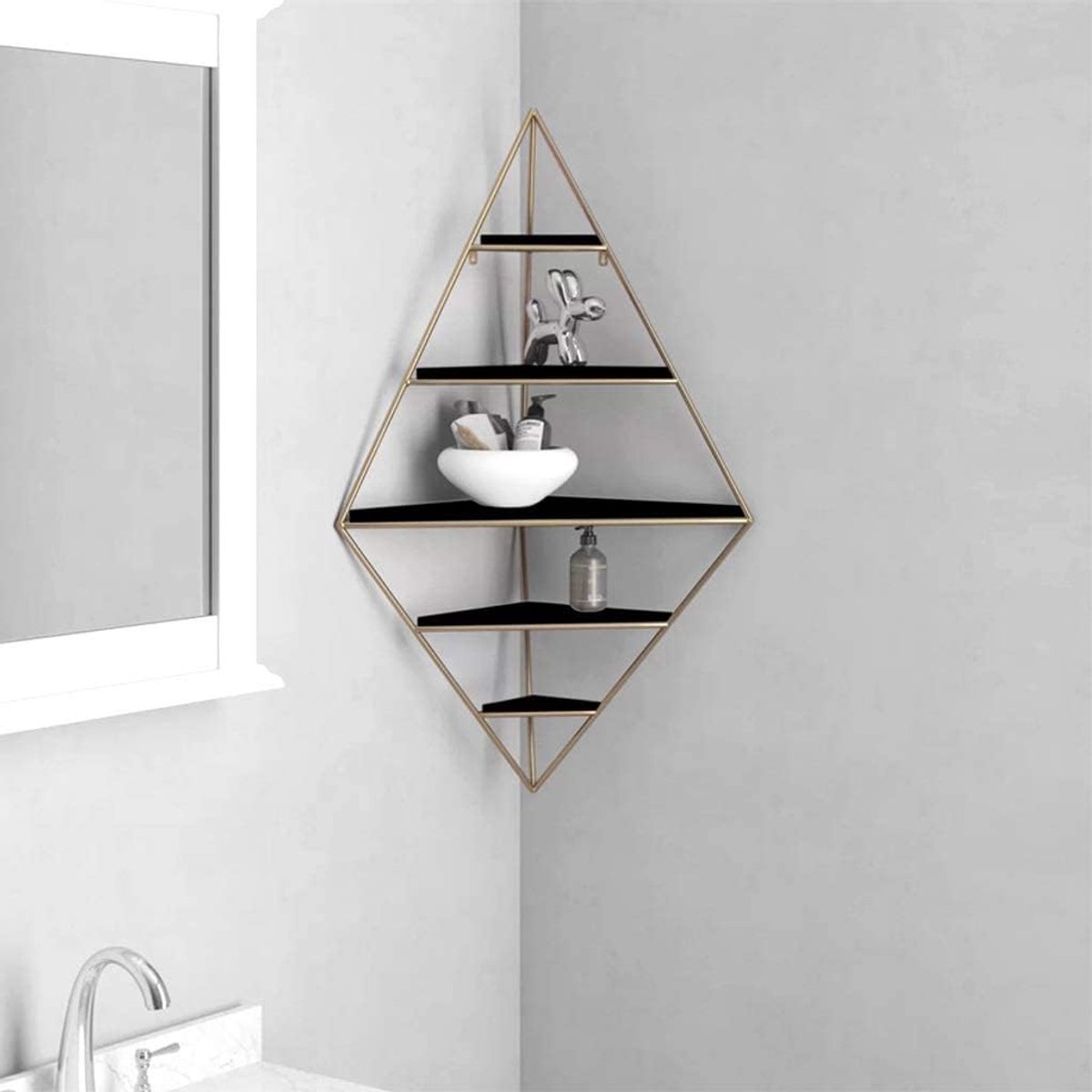 Wandplank Hoek Zwevend Wandrek 56x27x91 cm – Industriële Minimalistische Driehoek Wandplank van Metaal en Hout voor Woonkamer, Slaapkamer, Keuken en Café – HomebyNicole
