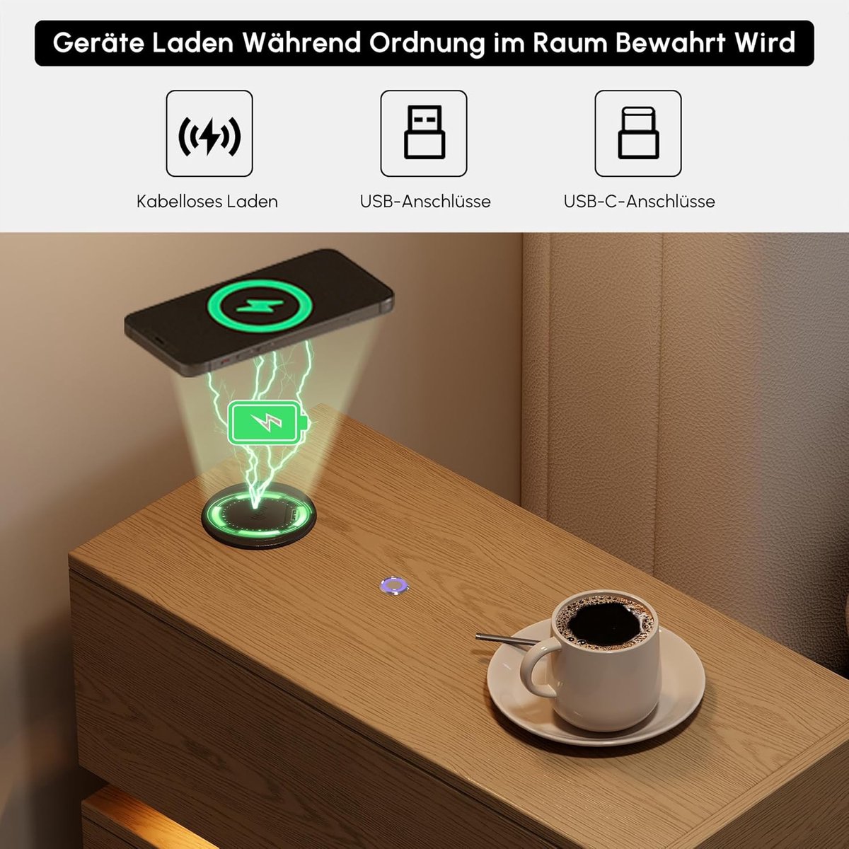 Nachtkastje met Draadloos Opladen en LED Verlichting – Smal Modern Nachtkastje 60 x 24 x 50 cm met 3 Lades, USB & Type-C Oplaadstation, Natuurlijke Houtlook – Faisal