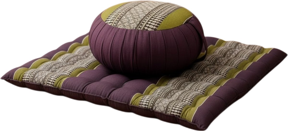 Meditatieset Zafu & Zabuton blauw groen bruin – hard & stevig kapok – rond meditatiekussen met meditatiemat – ergonomische zithouding – yoga & meditatie