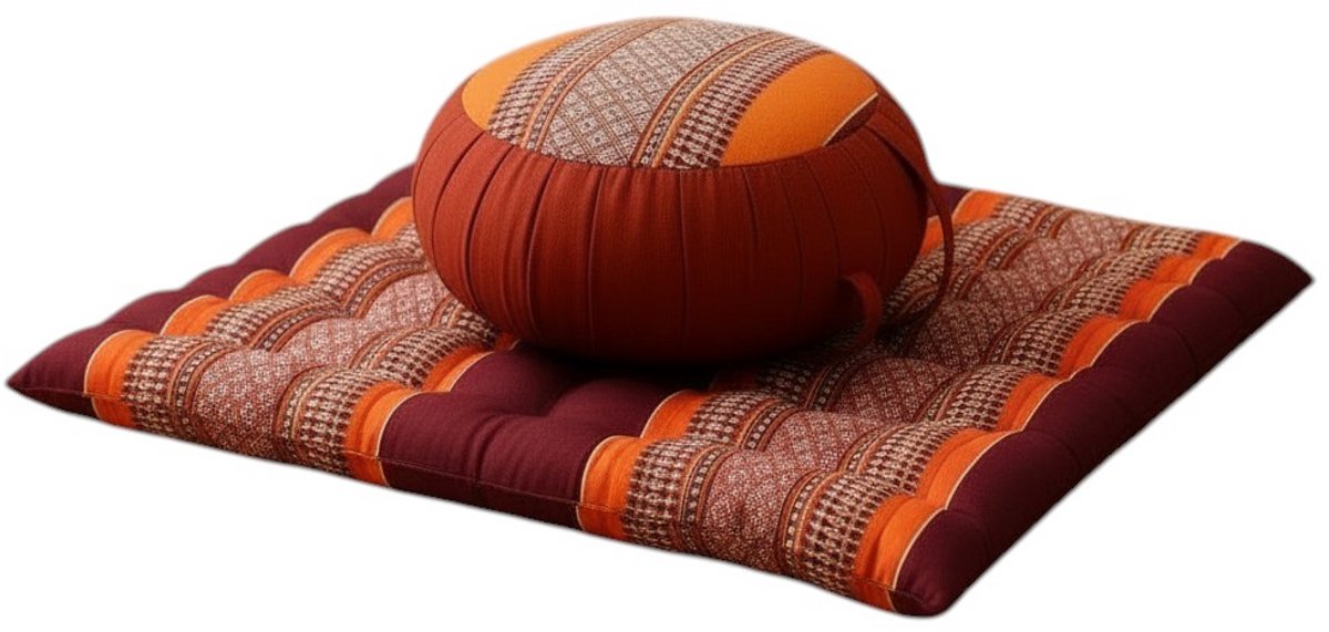 Meditatieset Zafu & Zabuton oranje – hard & stevig kapok – rond meditatiekussen met meditatiemat – ergonomische zithouding – yoga & meditatie
