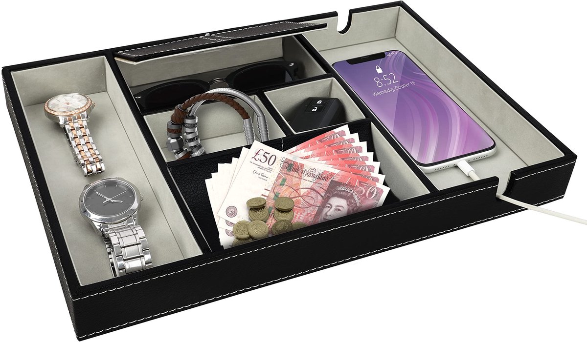 Allecto - Zwart Faux Lederen Valet Dressoir - Organizer Tray met 6 Compartimenten - Bureau en Nachtkastje - Ideaal voor Sleutels, Telefoon en Siera...