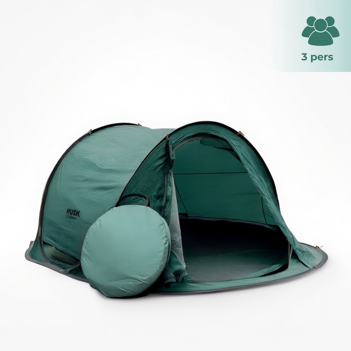 HUSH Outdoor Campingtent 3 persoons - pop up systeem - met ophanghaakje en opbergvakken -inc. draagzak
