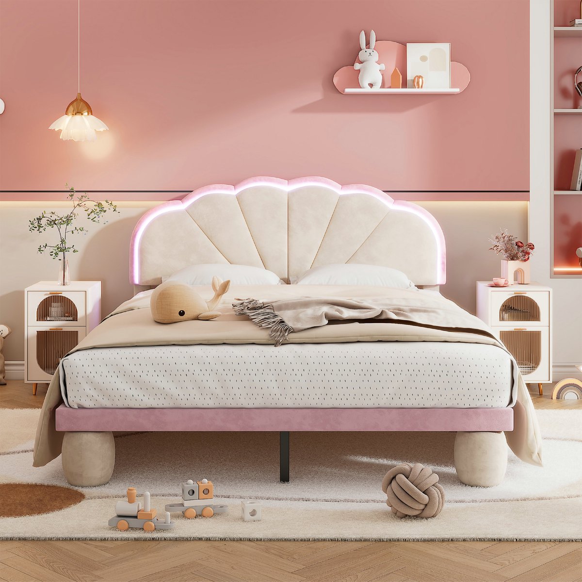 VVBV Gestoffeerd Kinderbed 140x200 cm - Hoofdbord, Voor Kinderen/Tieners, Houten Lattenbodem - Hout/Fluweel Beige/Roze Beige + Roze
