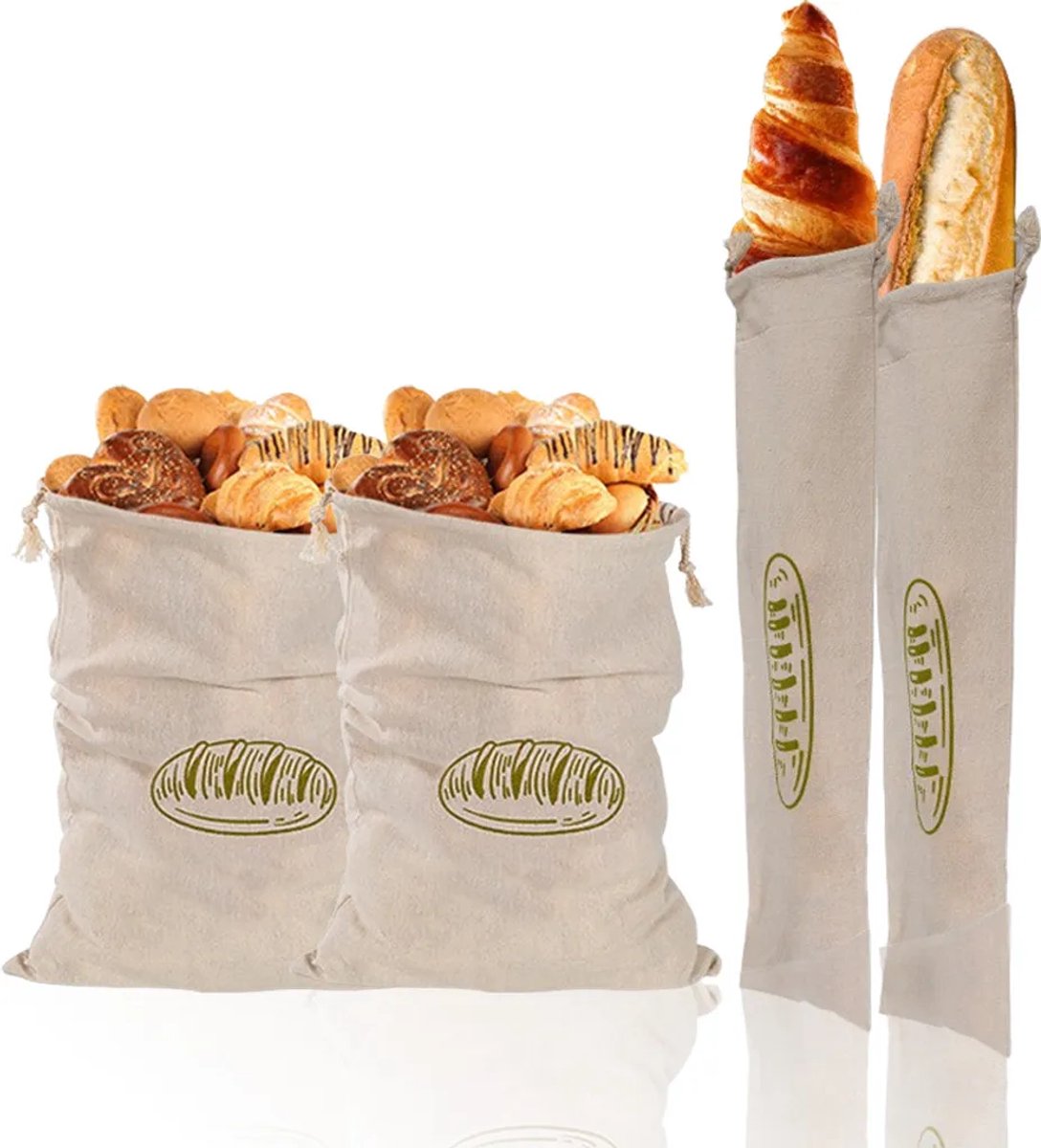 Vier linnen broodzakken, twee maten, herbruikbaar, houden brood vers, linnen voedselzakken.