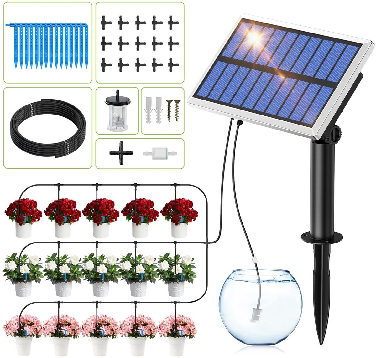 Zonne-irrigatiesysteem - Automatische bewatering - Planten water geven - Anti-sifon klep - 15 planten - Zwart