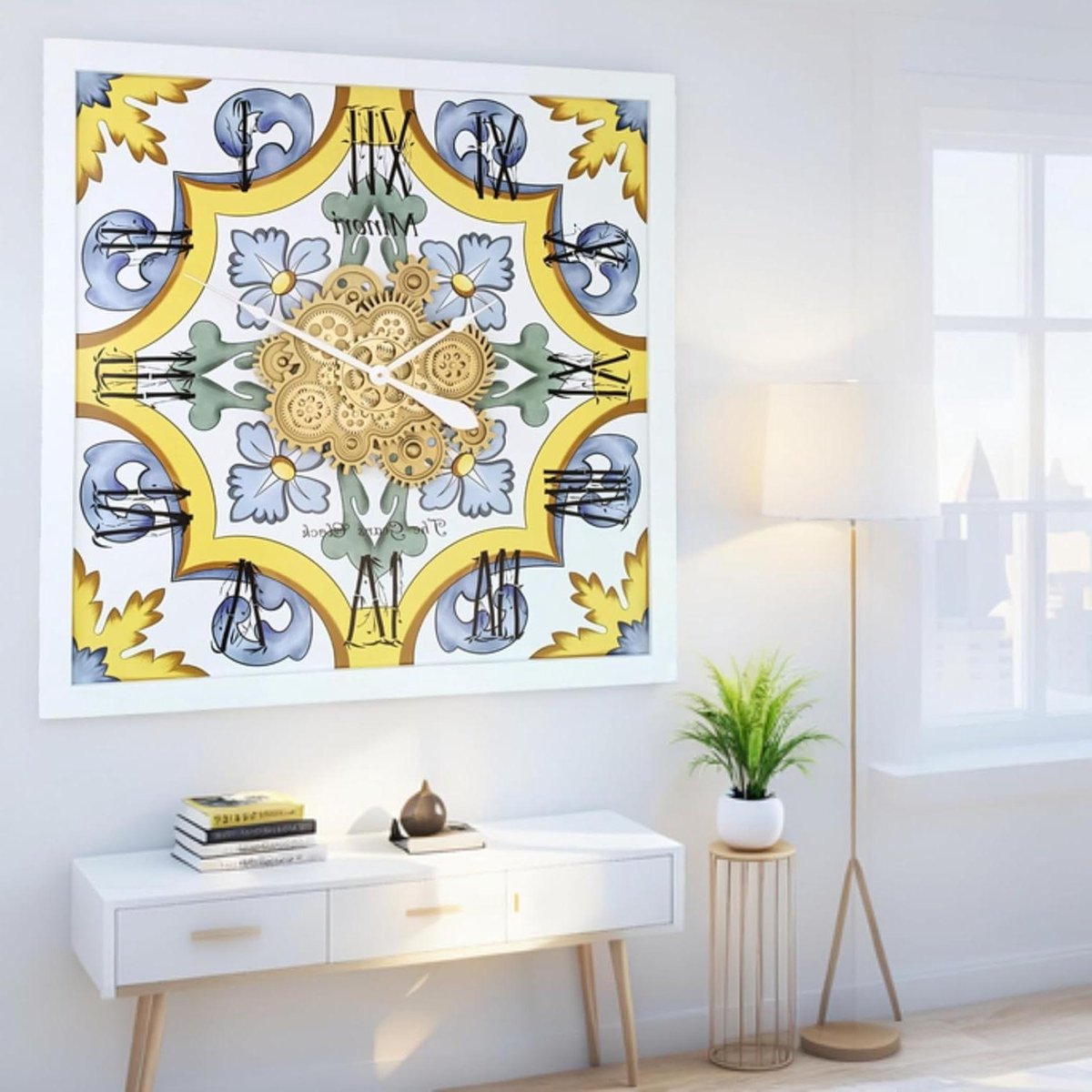 Tandwielen Wandklok - Klok met tandwielen - Woonkamer decoratie - Echte bewegende tandwielen - 36 inch vierkant - Minori