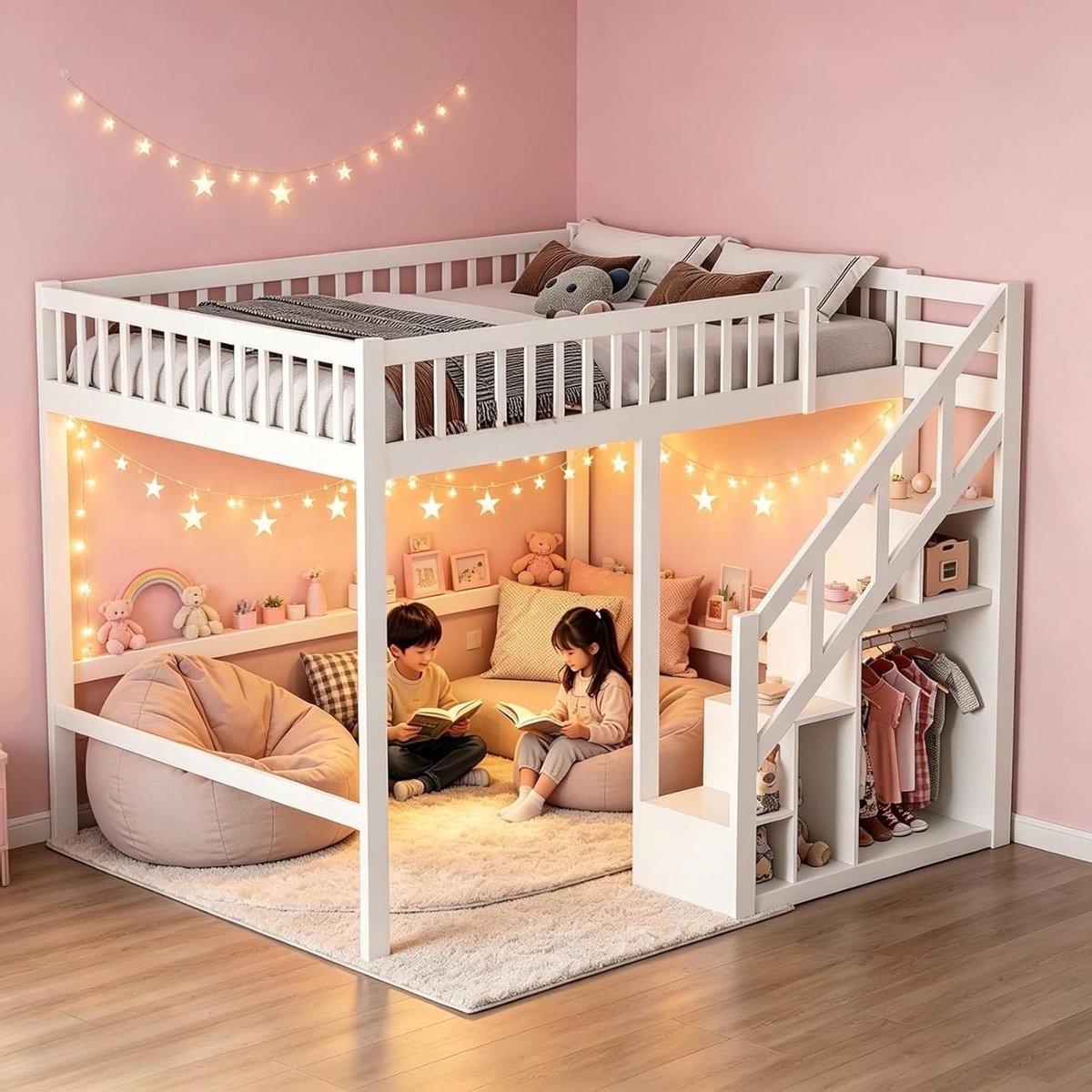 Stapelbed Kinderen - Hoogslaper Kinderbed - Ruimte Besparen - Met Opbergkast - 90x200 cm - Wit
