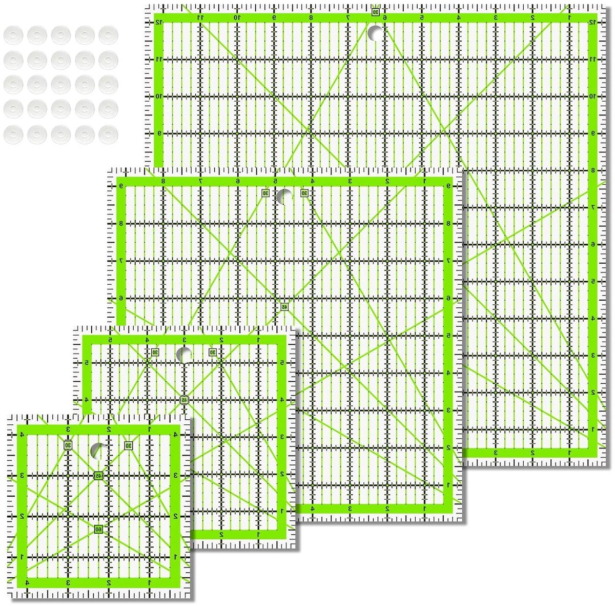 Quiltlinialen Set - Stof Snijliniaal - Nauwkeurig Quilten - Antislip Ringen - 4 Maten - Groen
