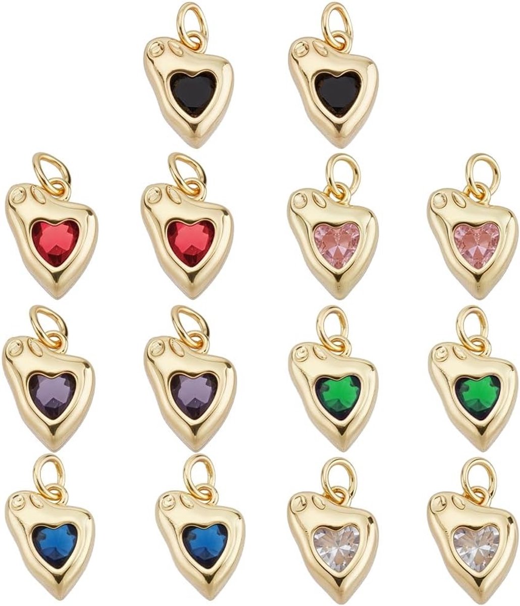 14-delige Set Hartvormige Pendants van 18K Goud met Cubic Zirconia voor DIY Sieraden, Perfect voor Valentijnsdag en Creatief Knutselen