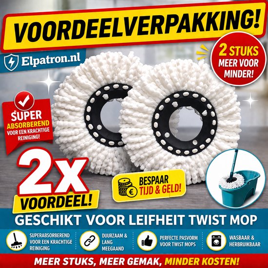 Voordeelpakket: 2 stuks witte microvezel dweilkoppen, super absorberend, geschikt voor Leifheit Twist Mop. "2x VOORDEEL!"