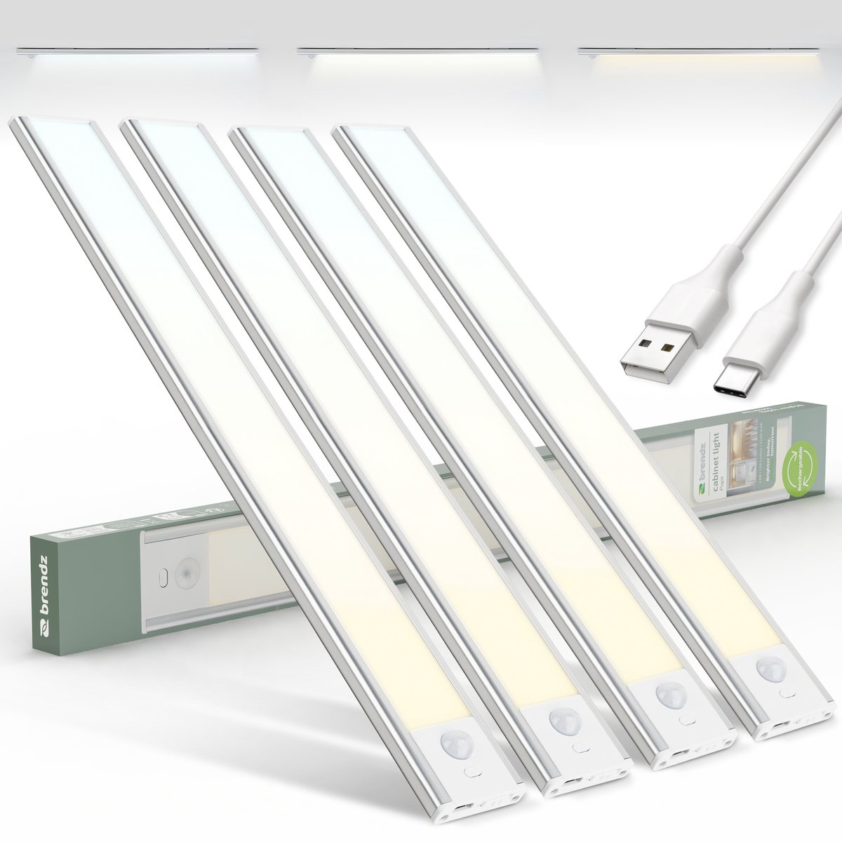 Brendz LED Kastverlichting met Bewegingssensor, USB-C Oplaadbare Led-Strip, 3 Kleurtemperaturen, Dimbaar, Draadloos, Magnetische Verlichting voor Kasten, Gangen, Slaapkamers, 4 x 40cm, Zilver