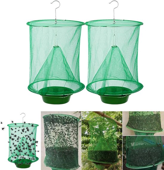 Twee groene vliegenvallen hangend, met onderaan detailafbeeldingen van gevangen vliegen in de vallen.
