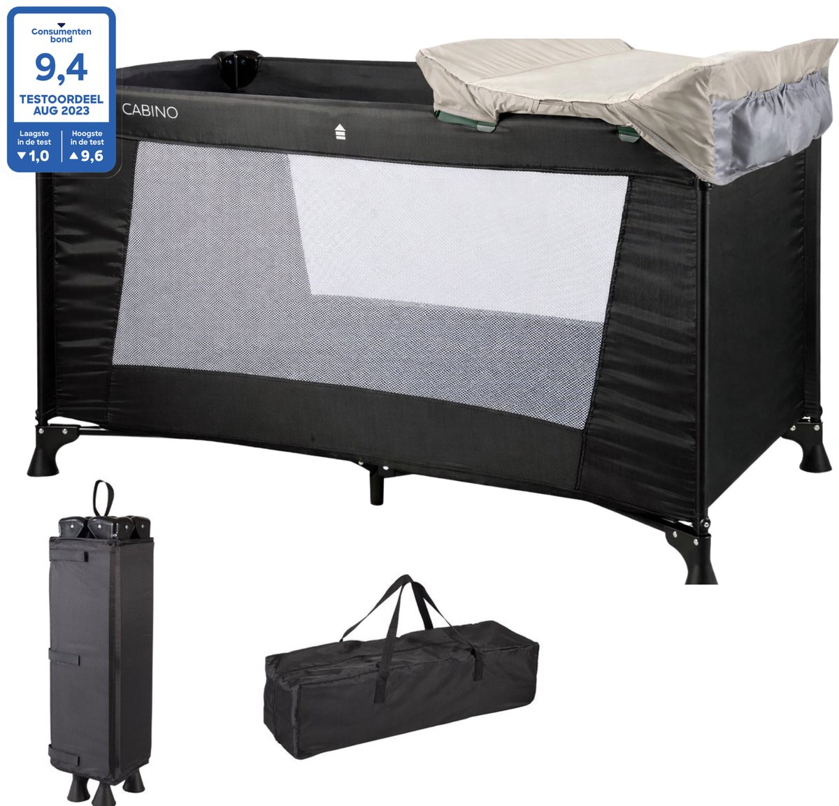 Cabino Campingbedje / Reisbedje opvouwbaar met Care set Beige – 120 x 60 cm - Zwart