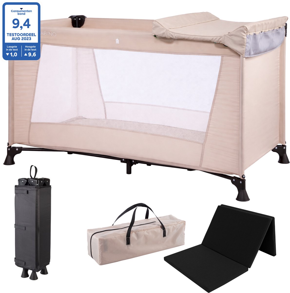 Cabino Campingbedje / Reisbedje Opvouwbaar met Care set Beige & Matras – 120 x 60 cm - Dune