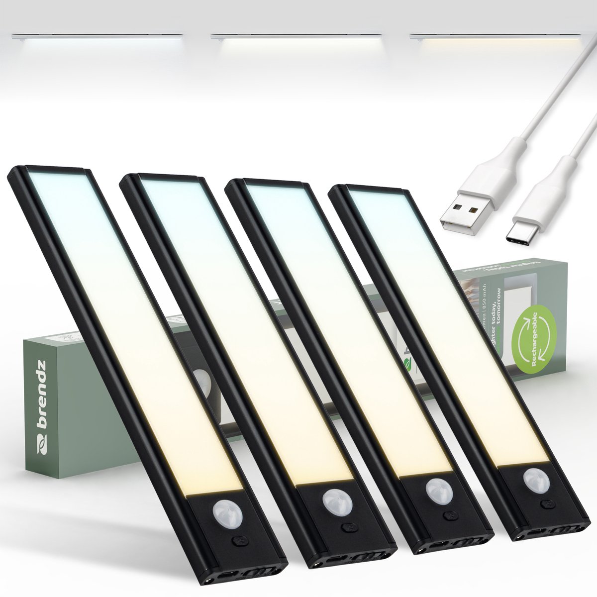 Brendz LED Kastverlichting met Bewegingssensor, USB-C Oplaadbare Led-Strip, 3 Kleurtemperaturen, Dimbaar, Draadloos, Magnetische Verlichting voor Kasten, Gangen, Slaapkamers, 4 x 20cm, Zwart