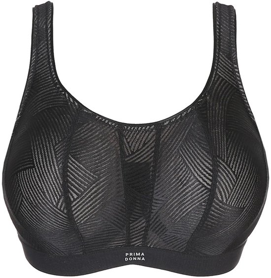 Zwarte sportbeha met een geometrisch patroon, Prima Donna logo op de band.