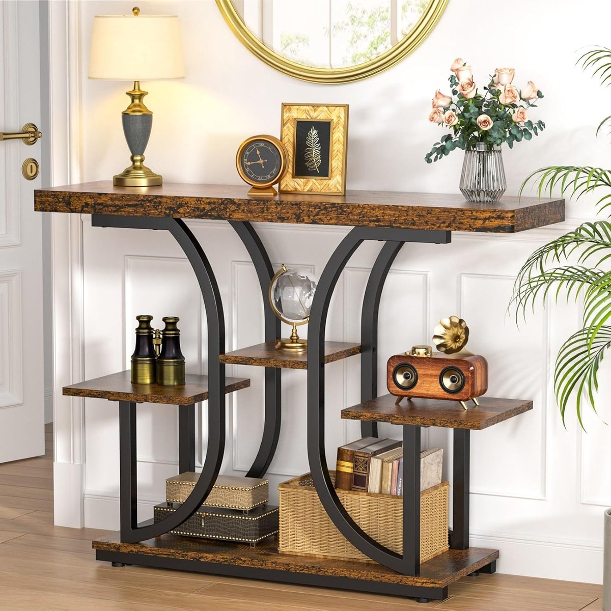 Consoletafel Industrieel 108 x 30 x 78 cm met 4–5 Niveaus Opbergruimte – Smalle Haltafel / Banktafel / Entry Table in Vintage Bruin met Gebogen Metalen Frame – Dader