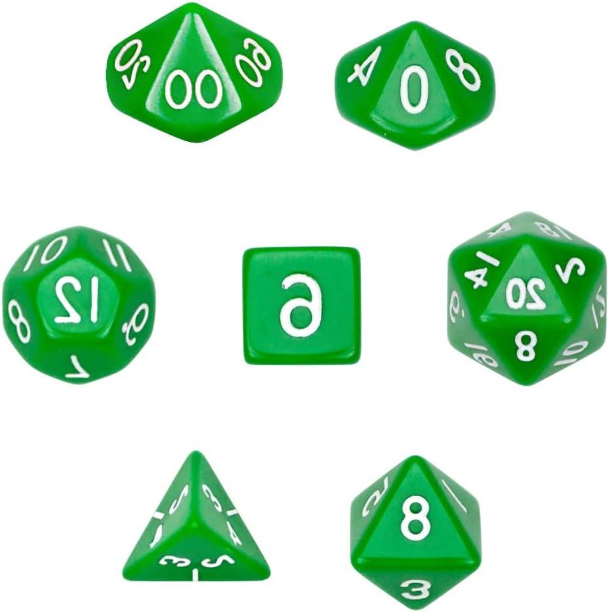 Polyhedral Dobbelstenen - Zeven Delige Set - Spelavonden Thuis - Luxe Fluwelen Zakje - 7 Dobbelstenen - Effen Groen