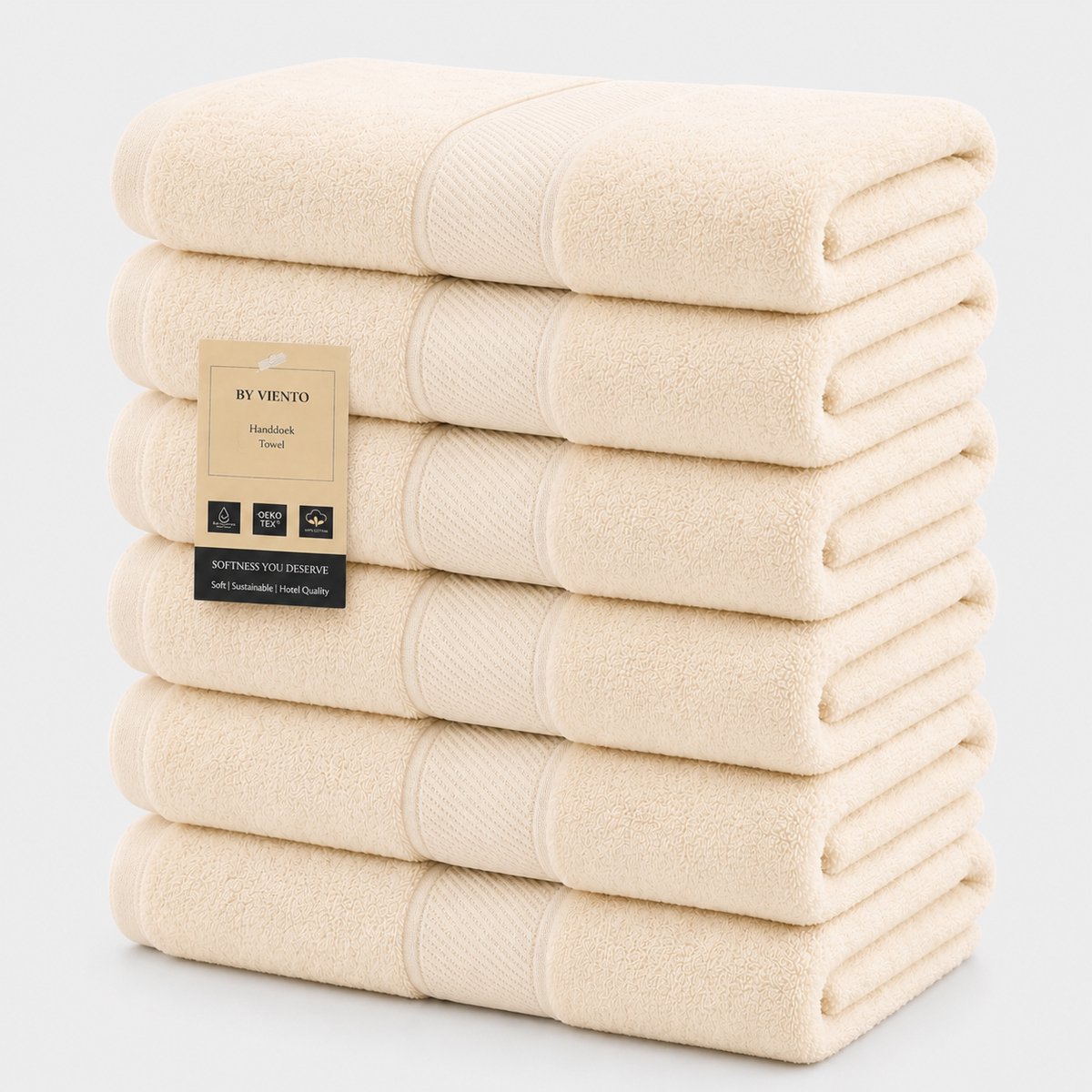By Viento Luxe Handdoeken – Set van 6 – 50×90 cm – Natuur Crème – Hotelkwaliteit – 100% Katoen – 600 g/m²