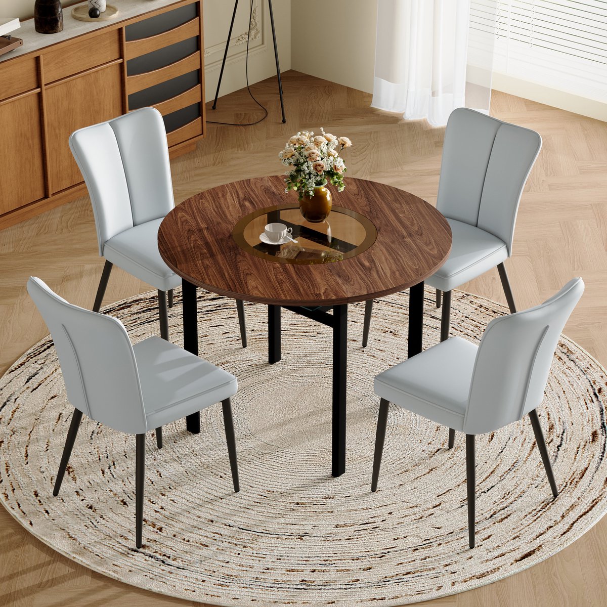 Moderne minimalistische ronde eettafelset (met 4 lichtgrijze PU-stoelen), ronde tafel met een diameter van 100 cm in houtlook, geschikt voor eetkamer en keuken.