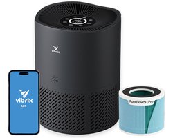 Vibrix PureFlow50 Pro Luchtreiniger / Air Purifier – EPA 14 + koolstoffilter – 350 m³/u – Voor kamers tot ca. 50 m² – Ionisator – App-bediening – Zeer stil met slaapstand – Luchtkwaliteitindicator