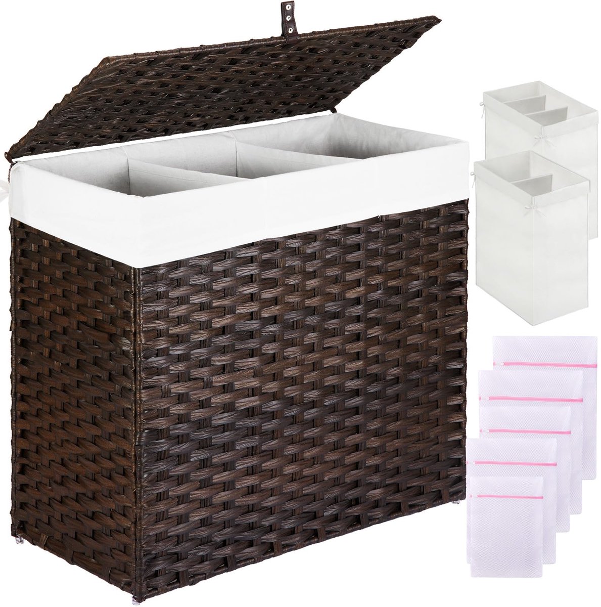 Grote Verdeelde Wasmand 125L - Verwijderbare Voering - Mesh Tassen - Rietstijl Bruin