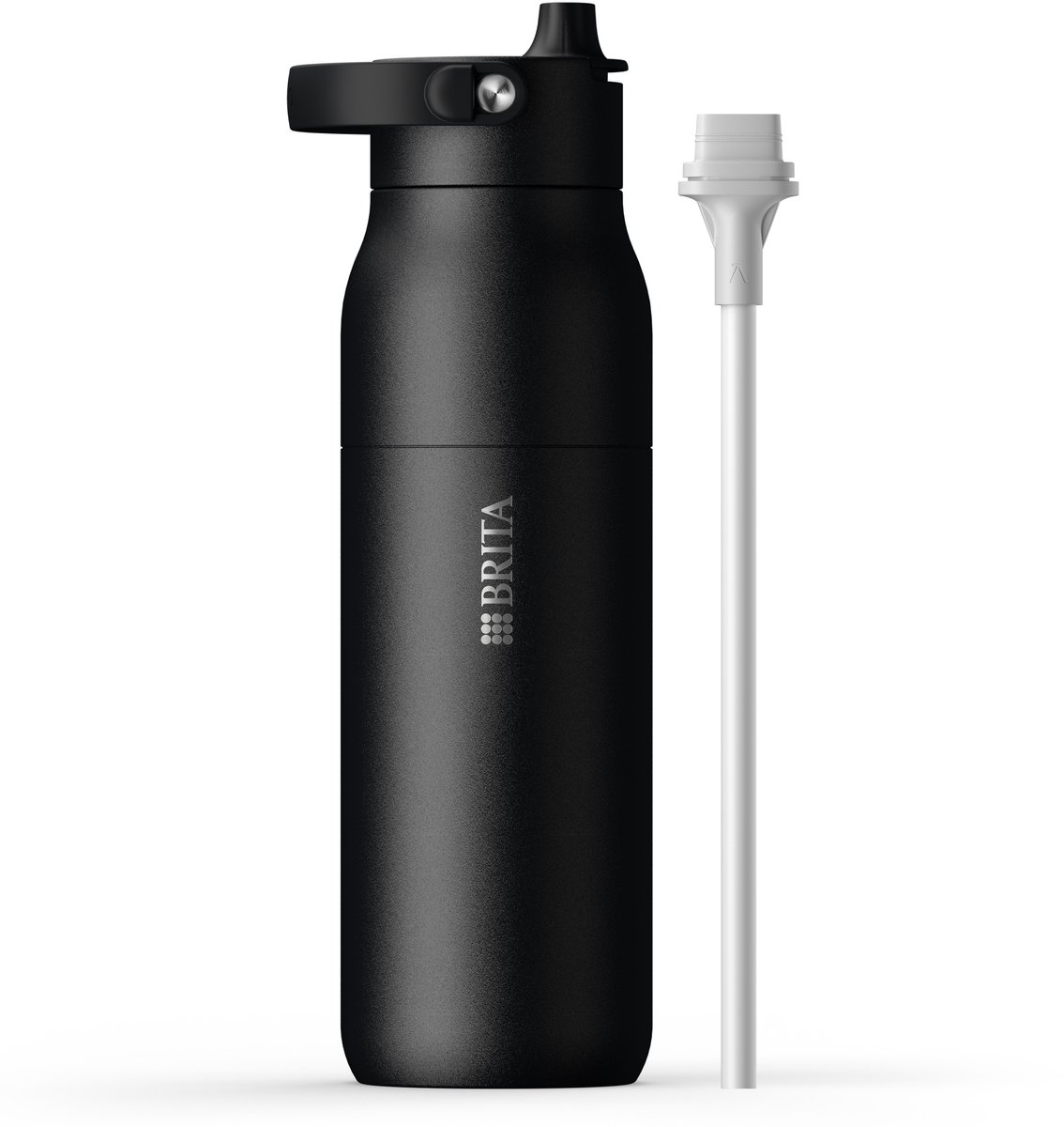 BRITA LARQ Essential drinkfles met rietje - Zwart - 1 liter - RVS waterfles, dubbelwandige isolatiefles (24 uur koud), met afneembaar soft-touch handvat, vaatwasmachinebestendig