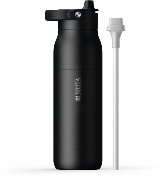 BRITA LARQ Essential drinkfles met rietje - Zwart - 1 liter - RVS waterfles, dubbelwandige isolatiefles (24 uur koud), met afneembaar soft-touch handvat, vaatwasmachinebestendig