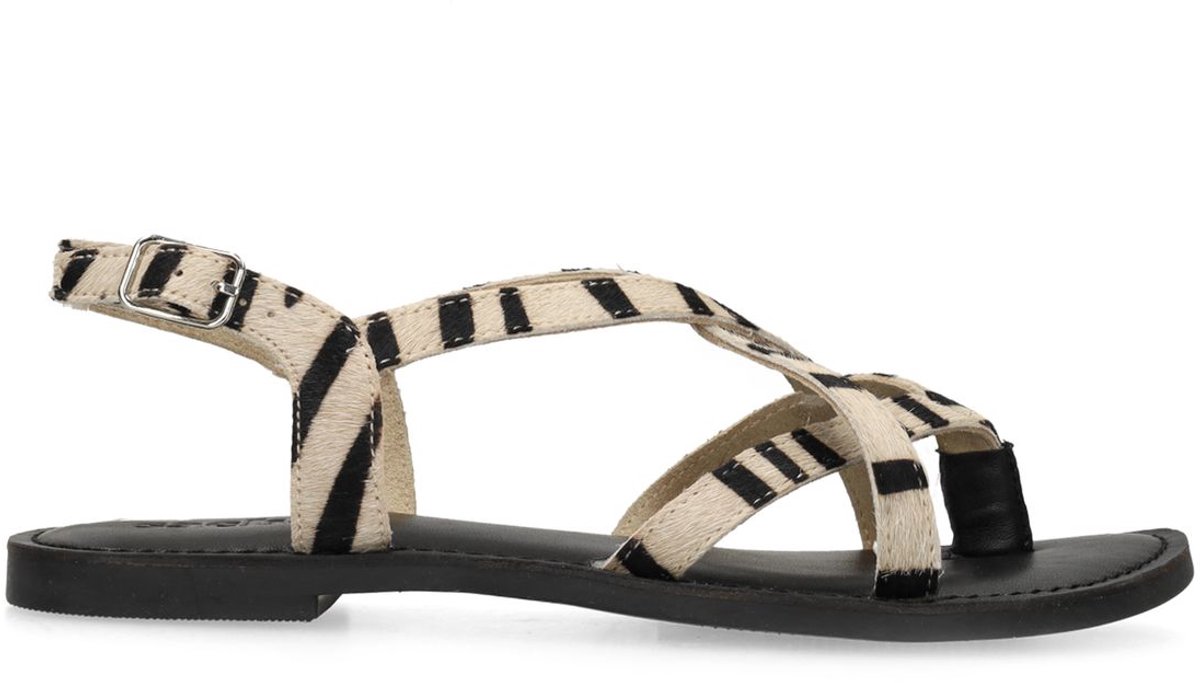 Sacha - Dames - Zwarte leren zebra print sandalen - Maat 38
