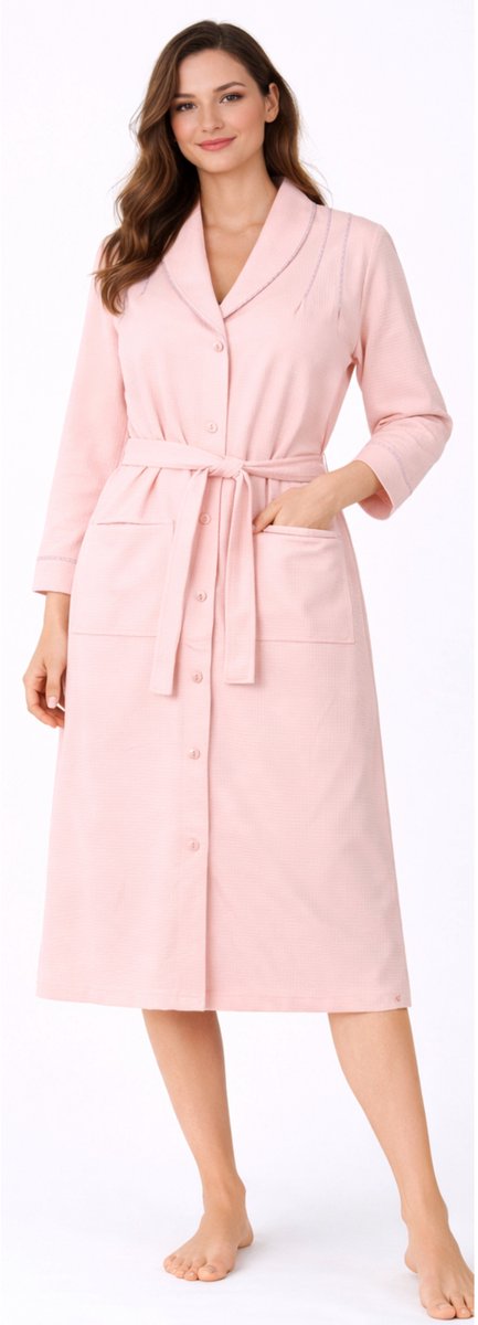 Dames lange ochtendjas (Peignoir ) van Eskimo met knoopsluiting wafelstof Roze- maat L