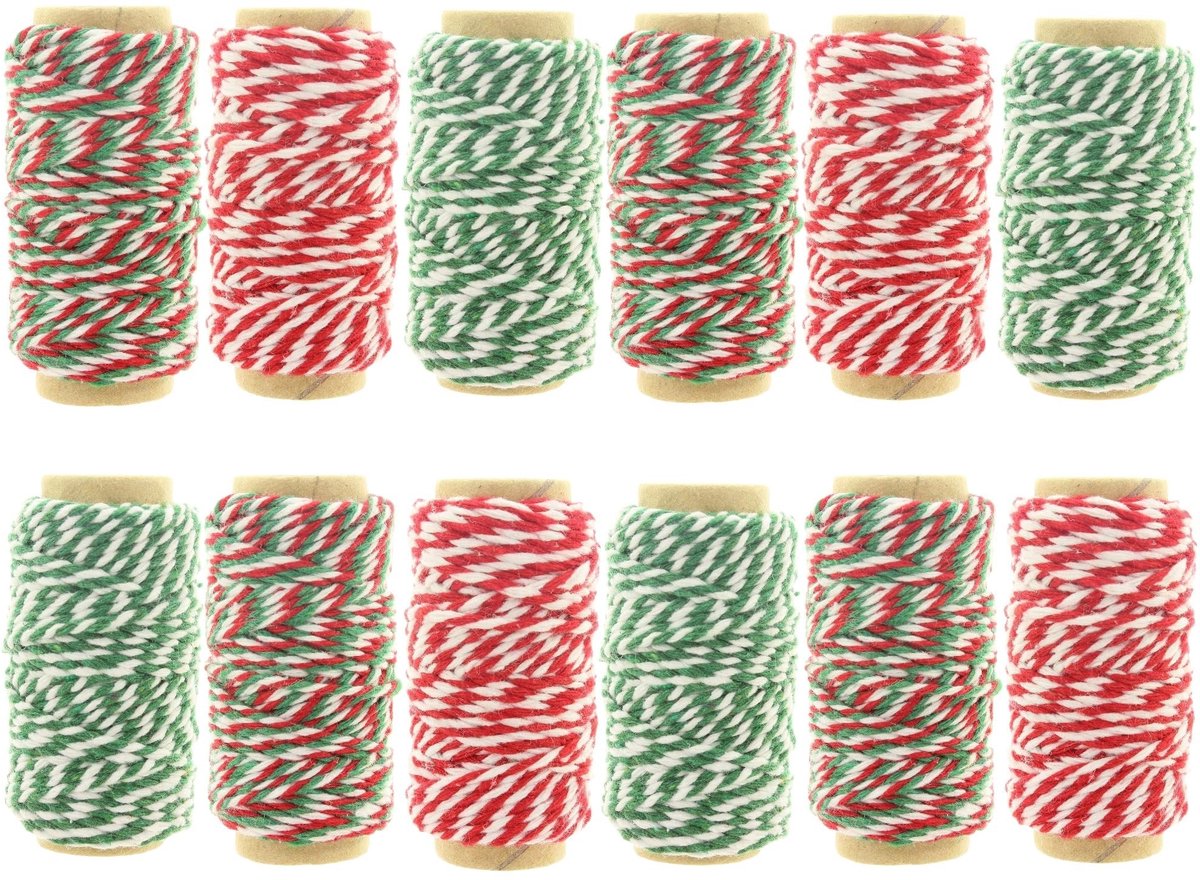 Allecto - Baker's Yarn - Katoenen Cadeaulint - Assortiment Rood-Groen - 12 Rollen - 10 m per rol - Ideaal voor cadeauverpakking - Katoen