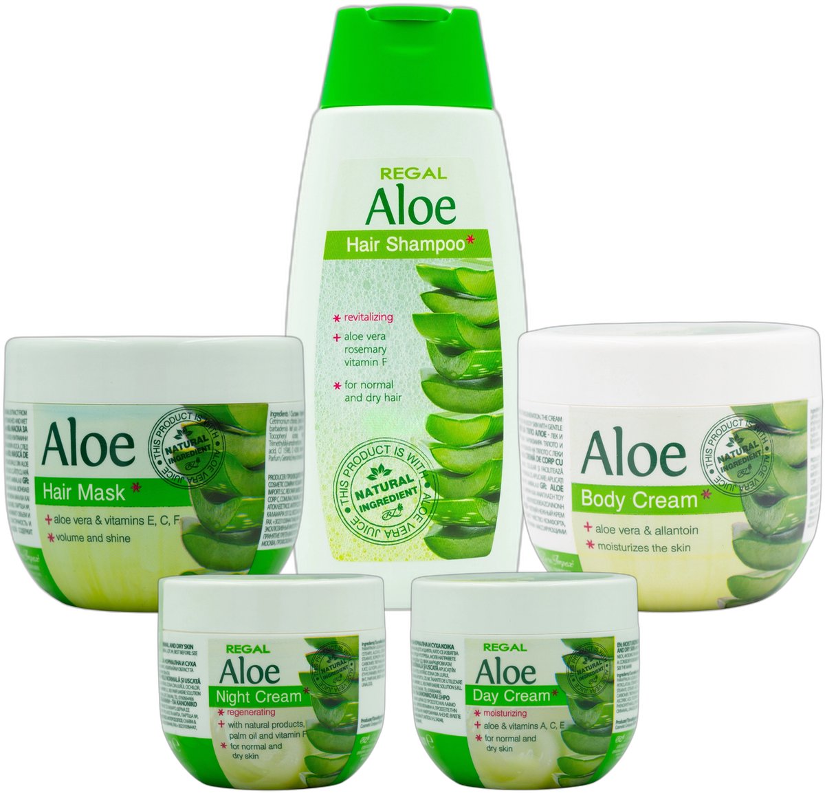 Regal Aloe Vera Complete Verzorgingsset – 5-delige Bundel met Dagcrème, Nachtcrème, Body Cream, Shampoo & Haarmasker – Aloe Vera voor Gezicht, Lichaam & Haar