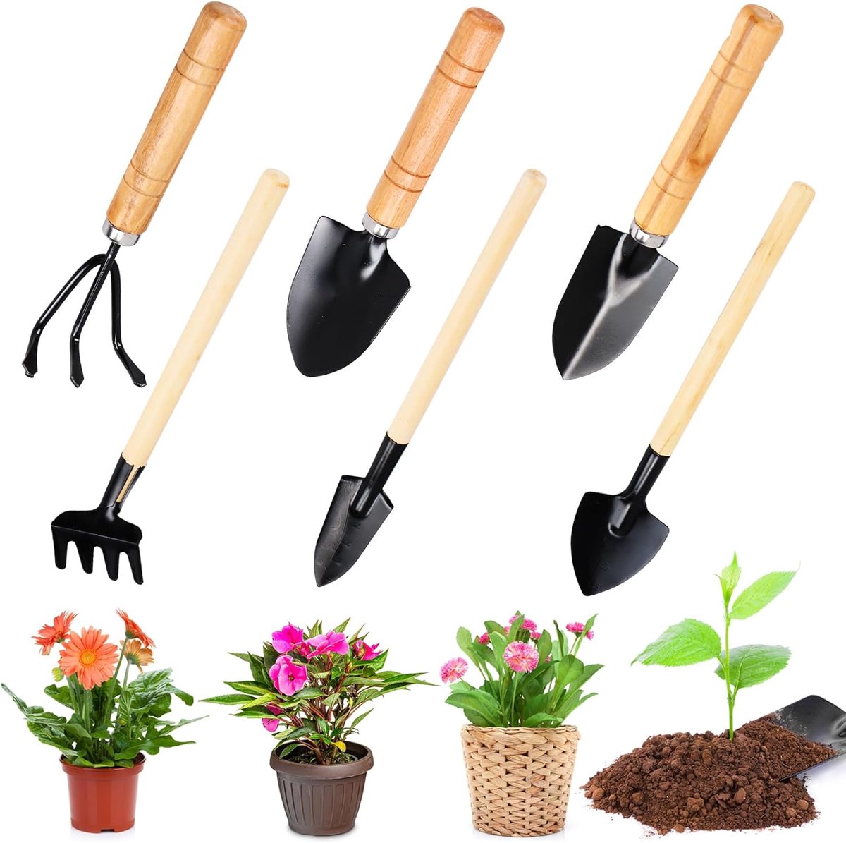 Tuingereedschapset, 6-delig, inclusief kleine tuinschop, mini tuingereedschap, schop voor tuingereedschap zoals bloemen planten, verplanten en aarde losmaken
