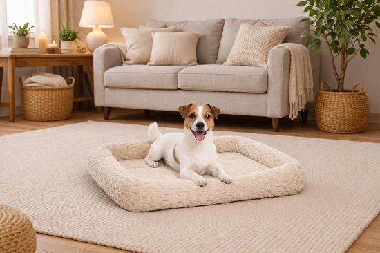 Jack Russell op een beige, rechthoekig hondenkussen met verhoogde rand in een woonkamer.
