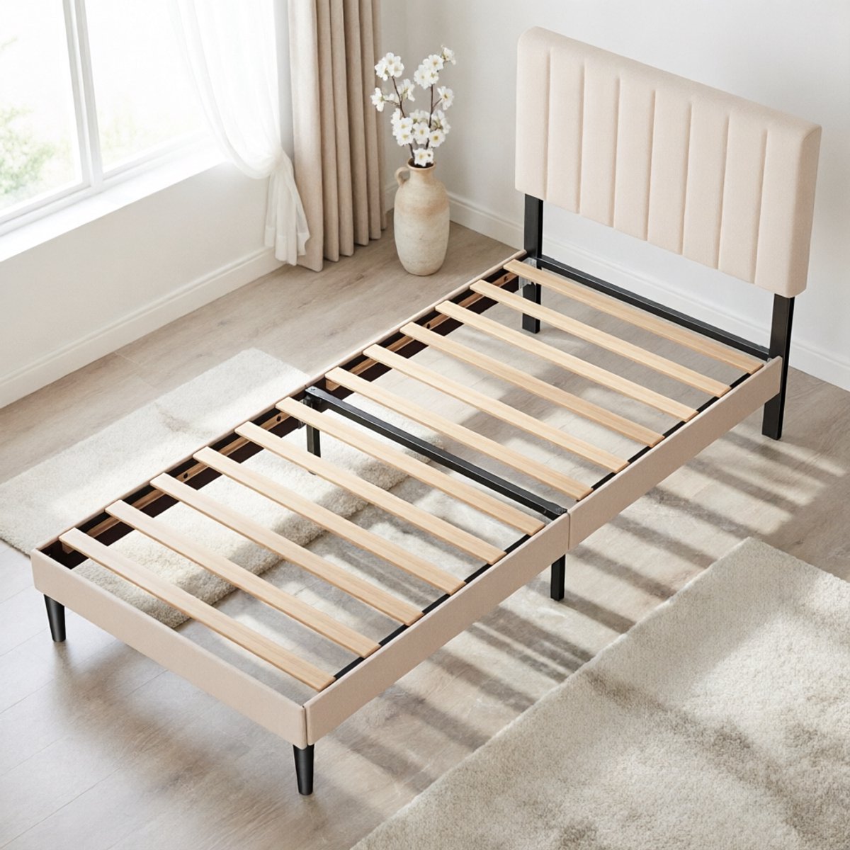 Lonheo Gestoffeerd Bed 90x200 cm - Eenpersoonsbed - Opbergruimte Onder Het Bed - Met Lattenbodem - Stevig Metalen Bedframe - Anti Slip - Verstelbaar Hoofdeinde - Zonder Matras - Grijs