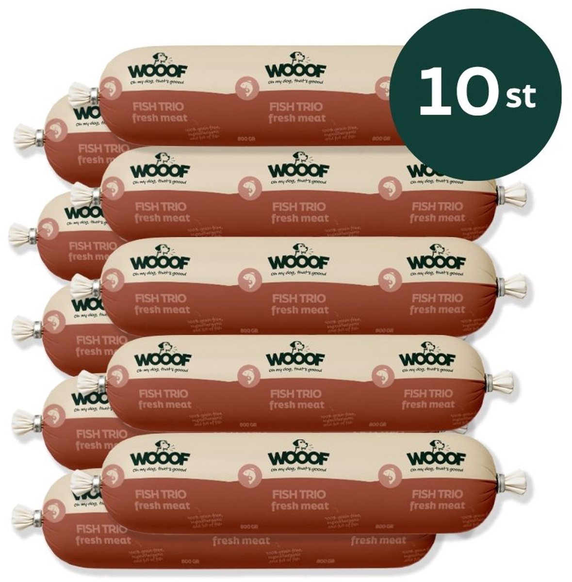 Wooof WOOOF Honden worsten Vis - Vers Vis natvoer - Houdbare worsten hondenvoer - Zalm/Haring/Kabeljauw - 10x 800gram