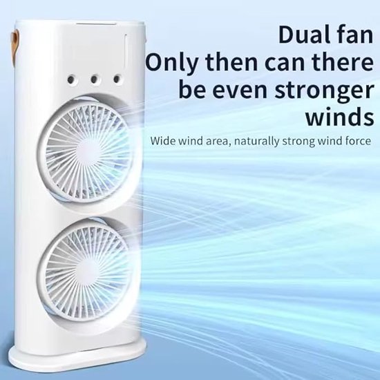 Dubbele ventilator mini aircooler met nevel, 3 snelheden, nachtlicht, oplaadbaar en draagbaar voor desktop