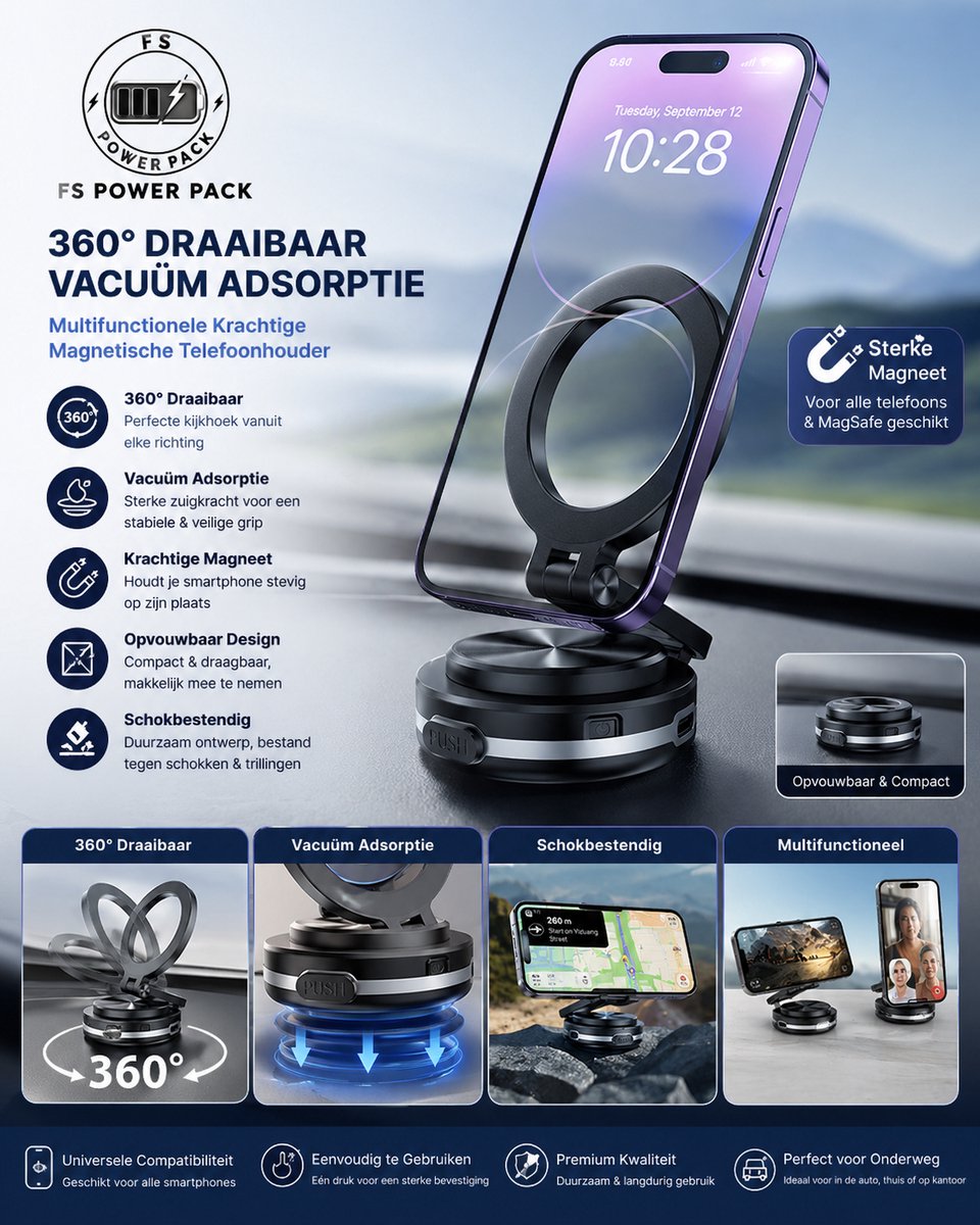 2025 360° Draaibaar Vacuüm Adsorptie Multifunctionele Krachtig Magnetische Telefoonhouder - FS Power Pack-Vacuüm Adsorptie-Opvouwbaar, Schokbestendig en 360° Draaibaar