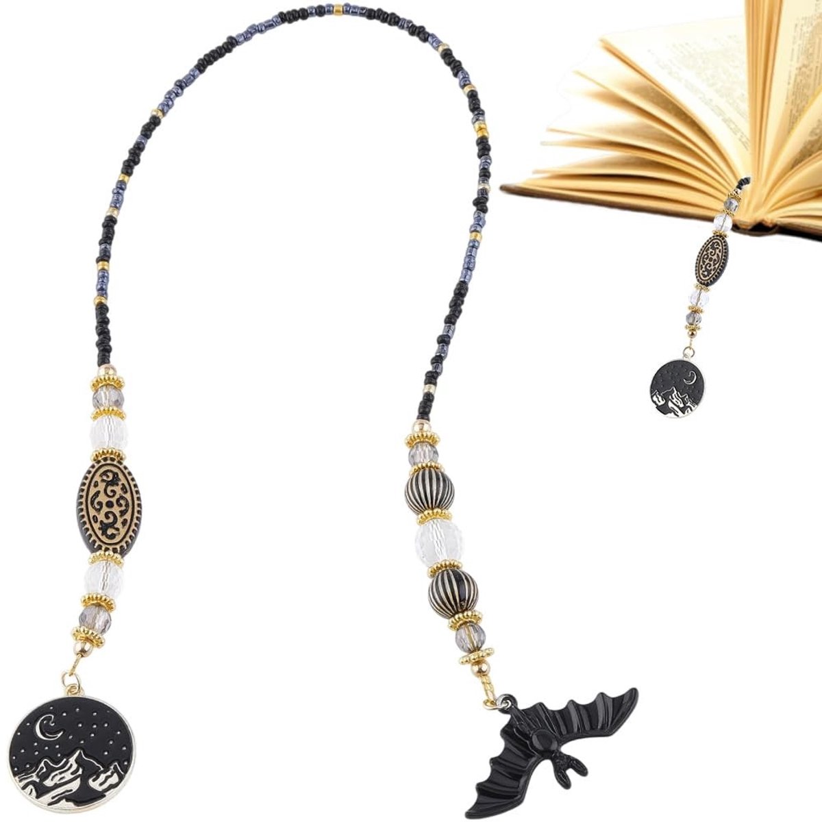 Allecto - Halloween Bladwijzer - Handgemaakte Vleermuis en Maan - Kralen Ketting - Voor Boekenliefhebbers - Perfect voor Halloween - Uniek Cadeau -...