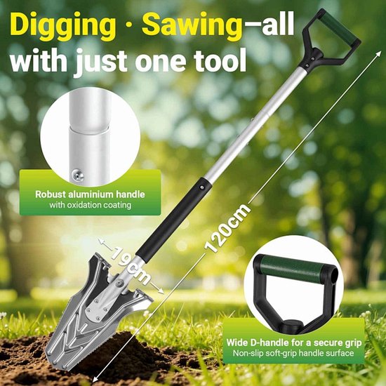 Multifunctionele inklapbare tuinschep 120 cm zilver-zwart met D-handvat voor graven en wortels snijden — afbeelding 5