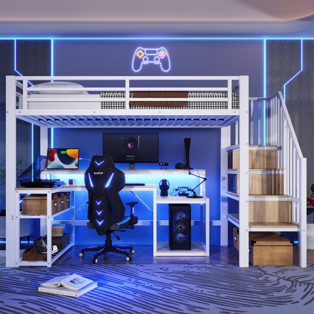 VVBV Hoogslaper 90x200 met bureau / Hoogslaper met bureau – met Trap, Opbergrekken, Opbergruimte, LED-Verlichting, USB – Metaal – Wit – Zonder Matras White