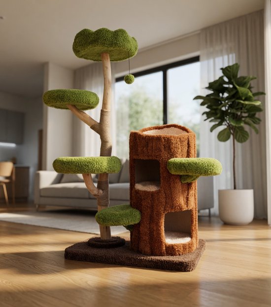 Arbre à chat XXL 141 cm – Arbre à chat avec 2 étages, maisons de chat, poteaux à griffer en sisal, stabilité en bois, balle suspendue et espaces de couchage confortables – Arbre à chat d'intérieur pour chats de taille moyenne et grande – Ganeey
