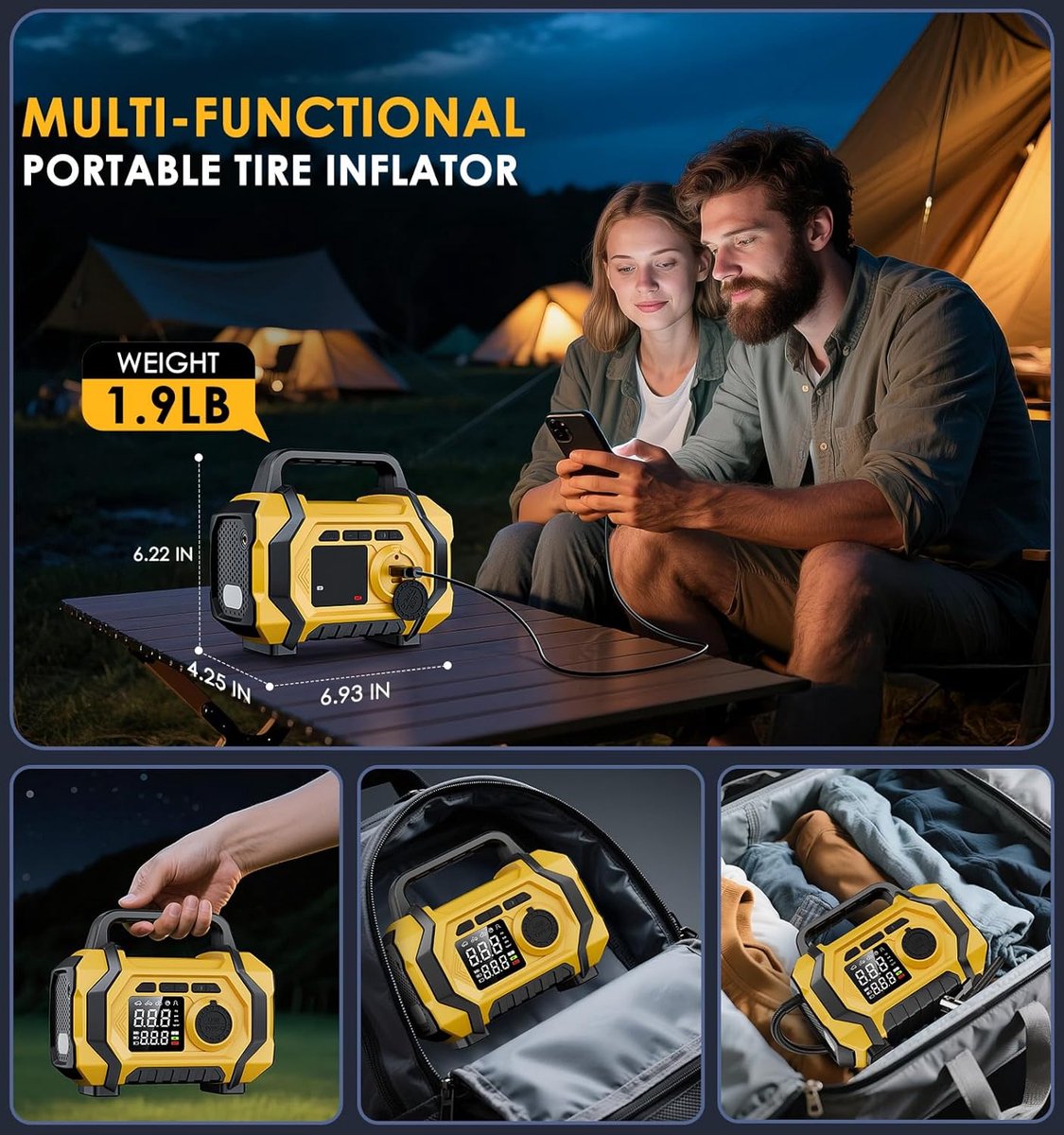 Draagbare luchtcompressor, snelle 6x 150 psi bandenpomp voor autobanden, draadloze pomp voor auto's, motoren en fietsen, drukmeter, automatische uitschakeling, 12V, LED-display en verlichting. thumbnail 4