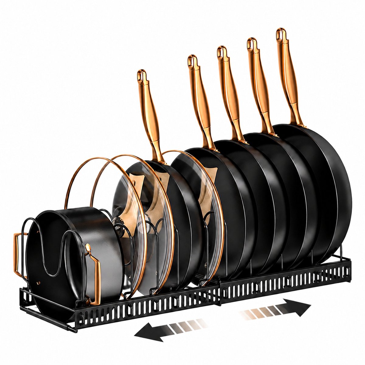 Somstyle Pannenrek voor 9 Pannen - 30-58 x 18 CM - Dekselhouder Verstelbaar - Keuken Organizer - Bordenrek - Zwart