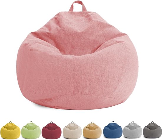 Roze zitzak, geïsoleerd op een witte achtergrond, met gekleurde opties eronder.