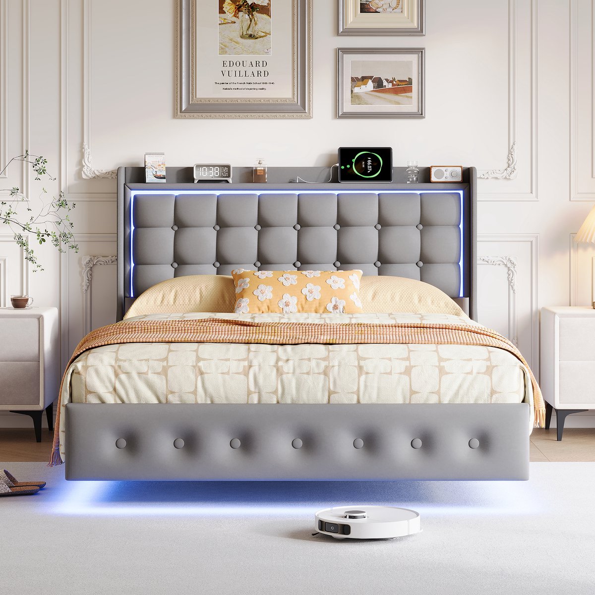 Gestoffeerd bed 140x200cm met ledverlichting en usb-oplaadpoort, gewatteerd hoofdbord en lattenbodem, zwevend visueel effect, fluweel, donkergrijs, exclusief matras