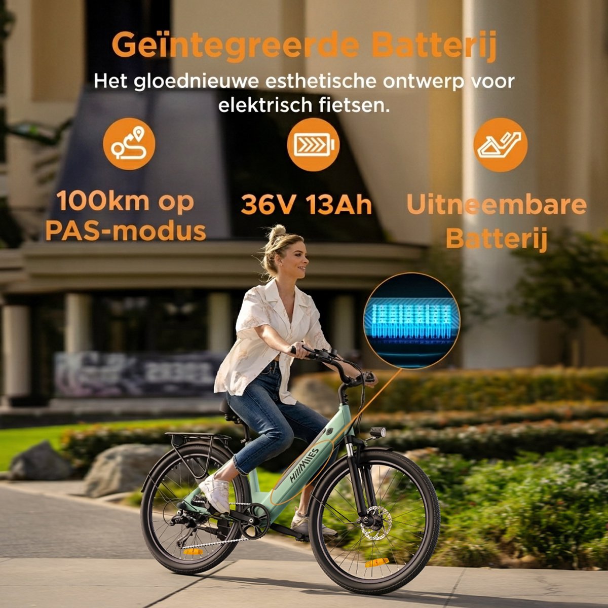 Hillmiles Milecity 1 Elektrische fiets - Actieradius 80km - Verwijderbare batterij 36V13Ah - Motor 250W - Shimano 7 versnellingen - 26 Inch City Commuter EBike - Groen - afbeelding 2