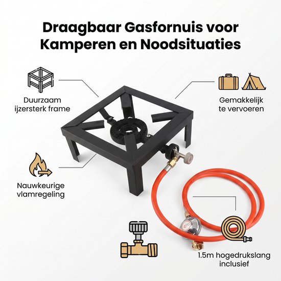 Zwarte gietijzeren draagbare wokbrander met oranje gasslang, regelaar en tekst: 'Duurzaam ijzersterk frame', 'Nauwkeurige vlamregeling', 'Gemakkelijk te vervoeren', '1.5m hogedrukslang inclusief'.