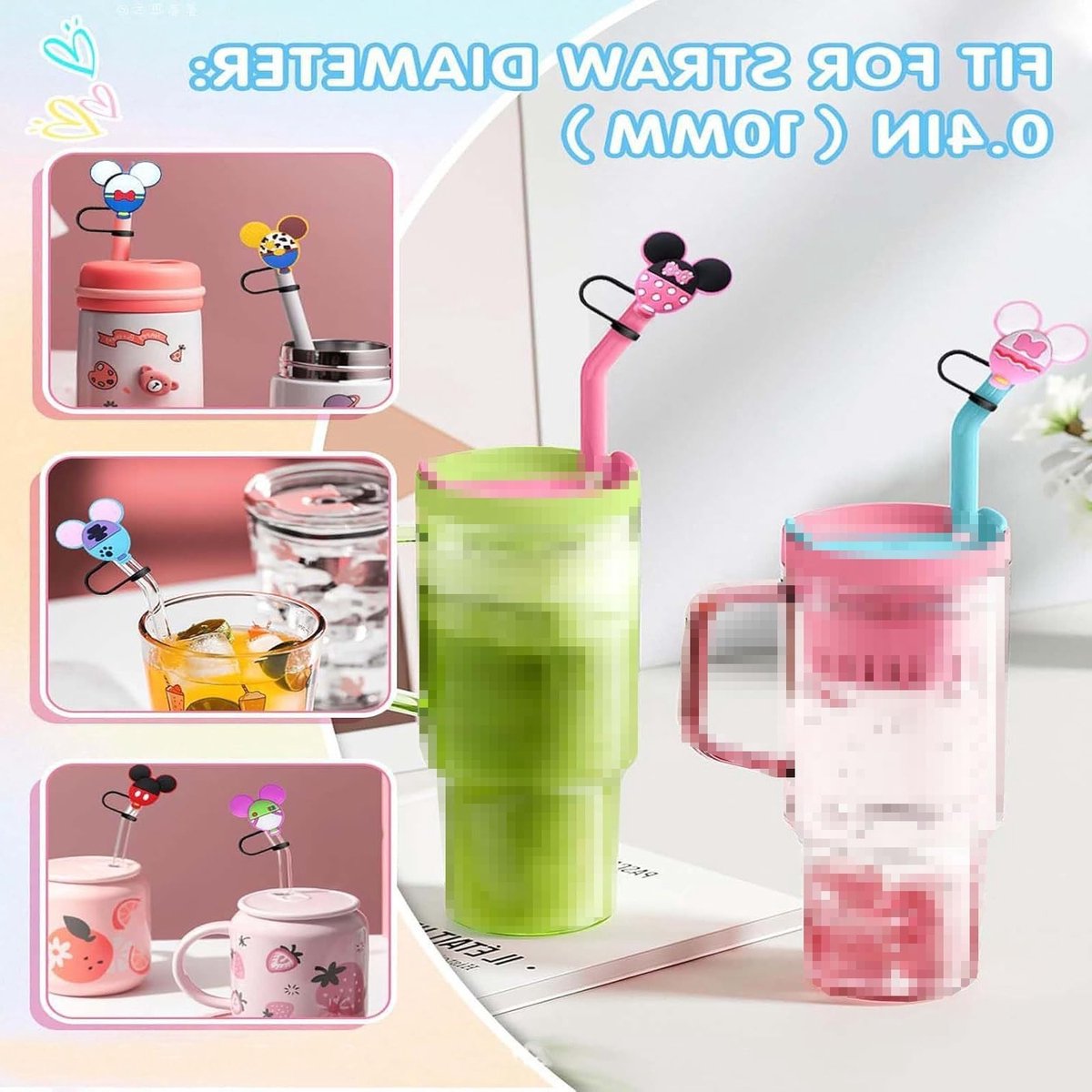 Allecto Plus - Siliconen rietjes-toppers met muiscartoon - Set van 10 - Herbruikbaar - Stofdichte dopjes - Diameter 10 mm — cadeau in Cadeau-ideeën - foto 4